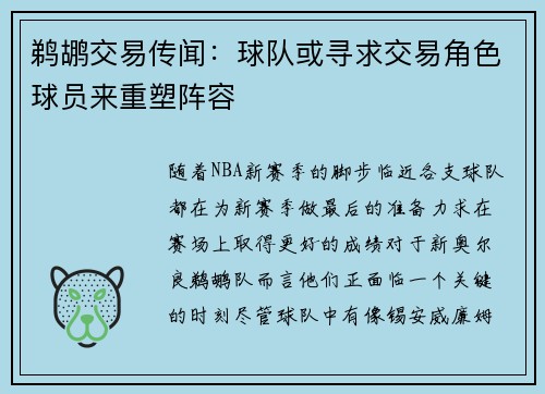 鹈鹕交易传闻：球队或寻求交易角色球员来重塑阵容