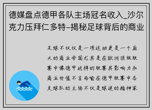 德媒盘点德甲各队主场冠名收入_沙尔克力压拜仁多特-揭秘足球背后的商业逻辑