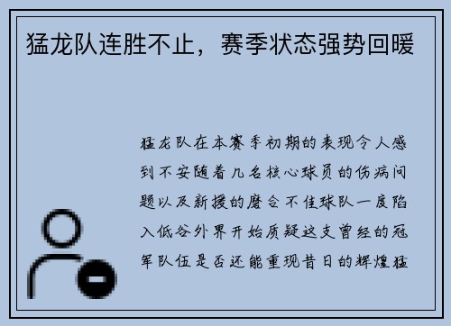 猛龙队连胜不止，赛季状态强势回暖